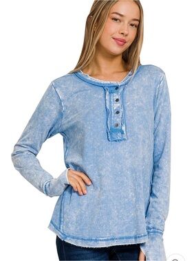 Zenana Washed Light Blue Long-Sleeve Henley Top